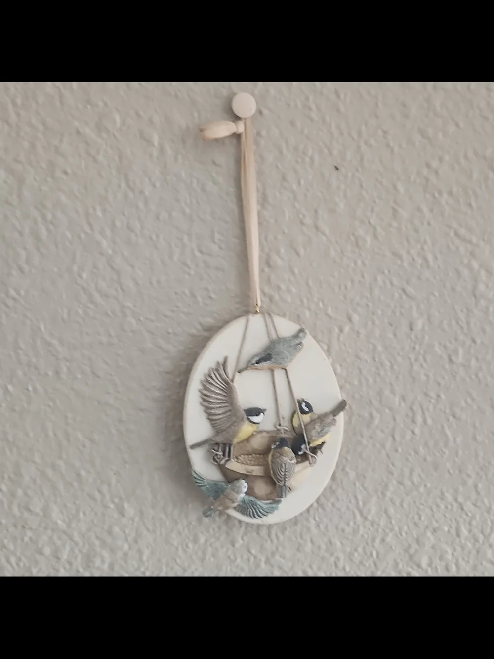 Oval Ceramic Bird Wall Hanging in Cream and Blue